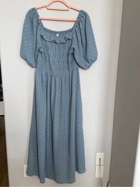 Smocked Puff-Sleeve Maxi Dress in Dusty Blue